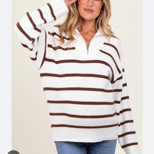 Brown Striped Knit Half Zip Maternity Sweater